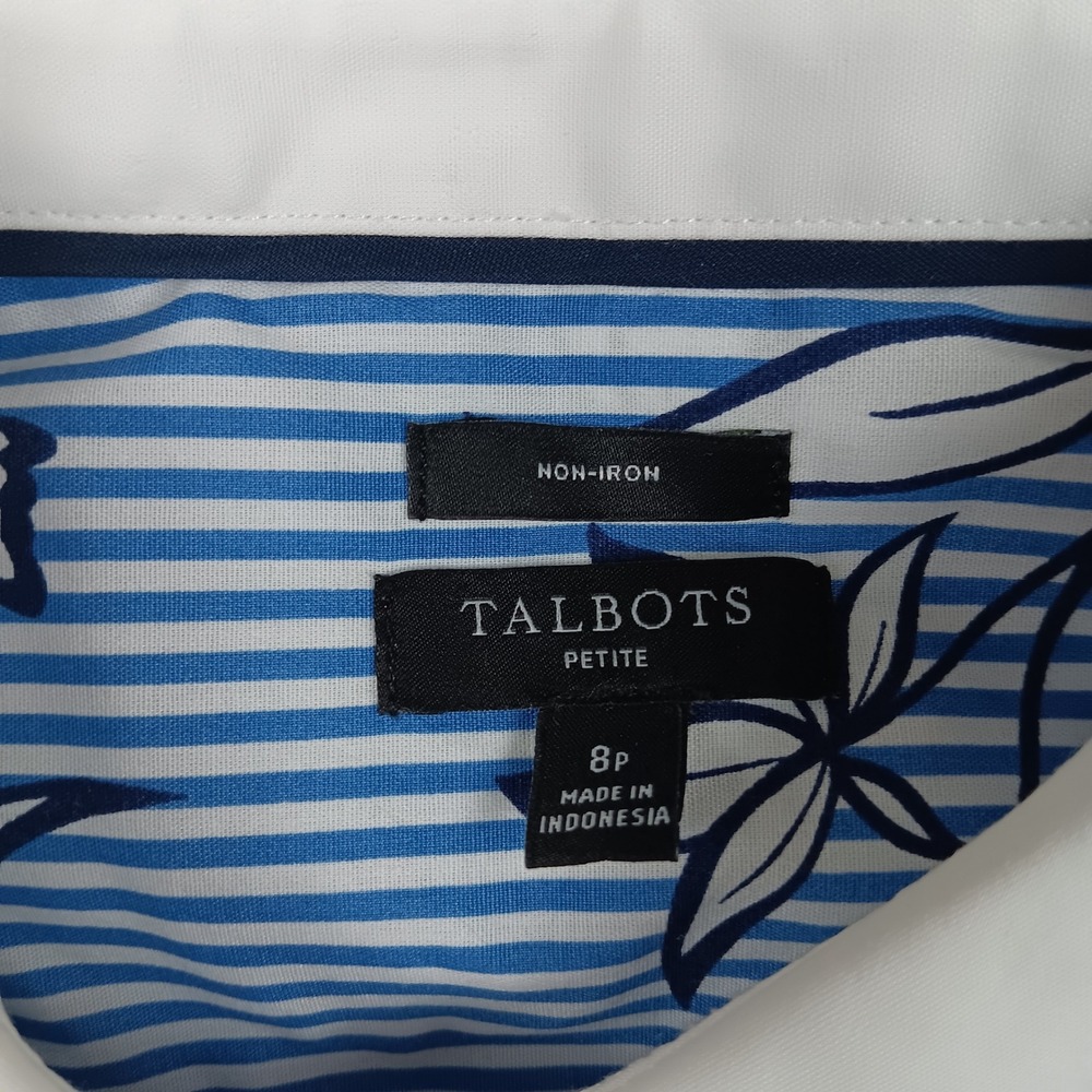Talbots Button Front Non-Iron Shirt Woman 8P Blue Floral Striped ID5134 - Picture 3 of 7